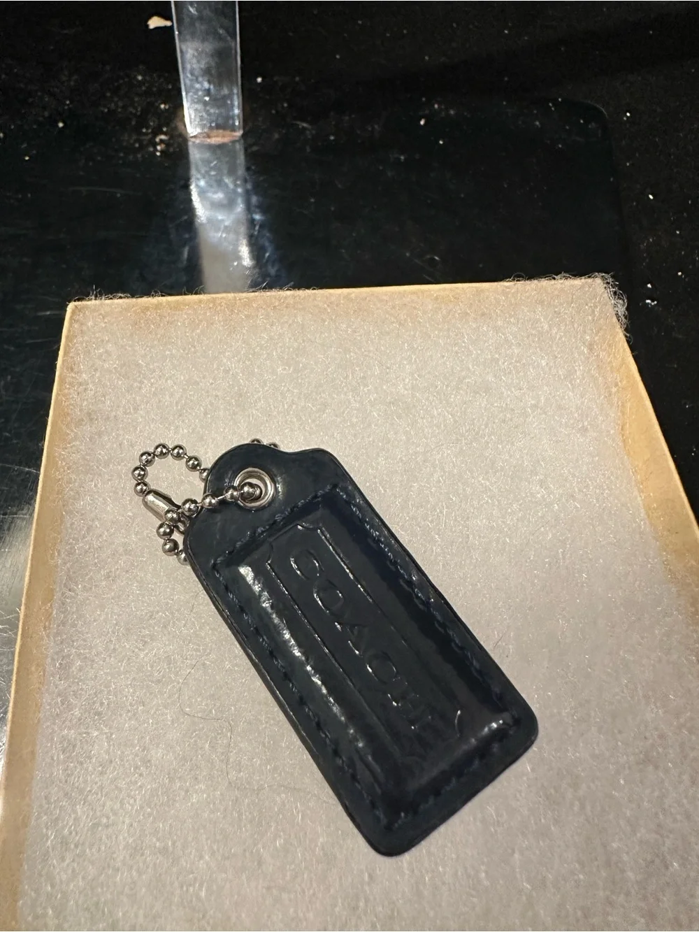 Coach Navy Blue Patent Leather Hang Tag with Ball Chain